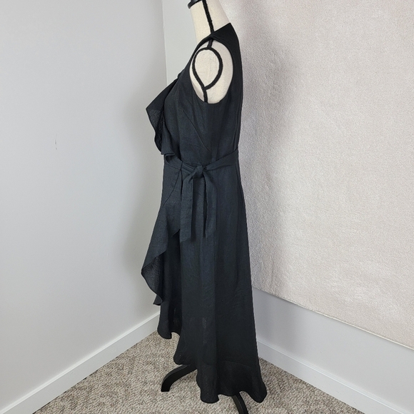 Sara Campbell Black 100% Linen Wrap Cocktail Flounce Hem Midi Dress Sz 6 - Picture 5 of 12